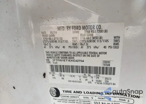 2014 Ford F-150 Lariat z USA, uszkodzony, nr VIN 1FTFW1ET1EKE42704